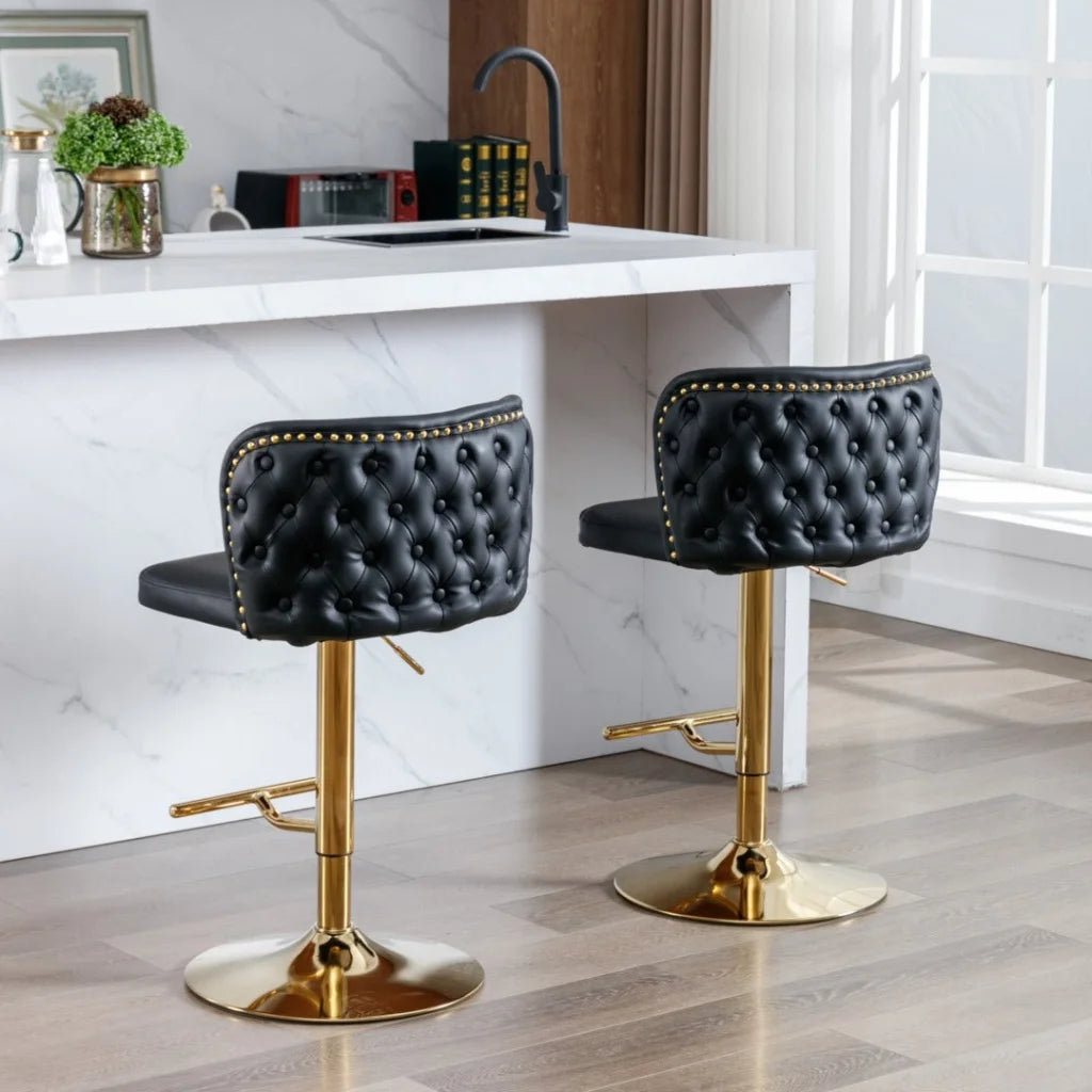 Bar Stools Set of 2 Faux Leather Golden Base Swivel - Black
