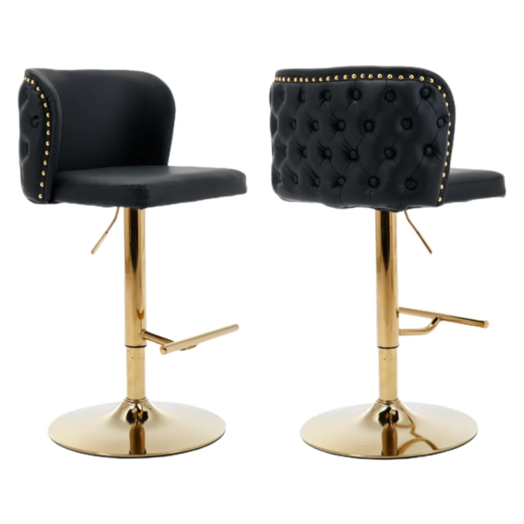 Bar Stools Set of 2 Faux Leather Golden Base Swivel - Black