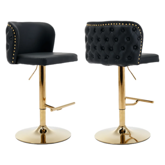 Bar Stools Set of 2 Faux Leather Golden Base Swivel - Black