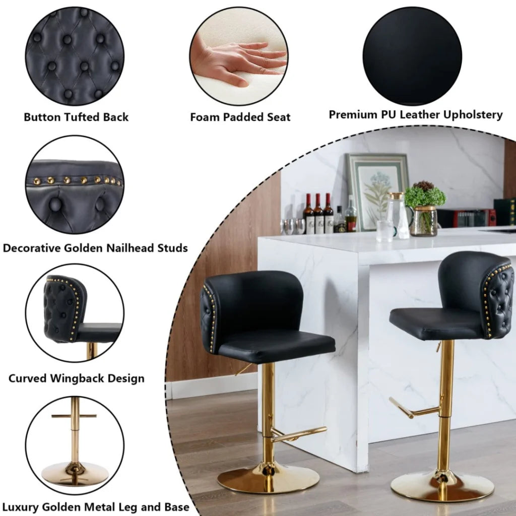 Bar Stools Set of 2 Faux Leather Golden Base Swivel - Black