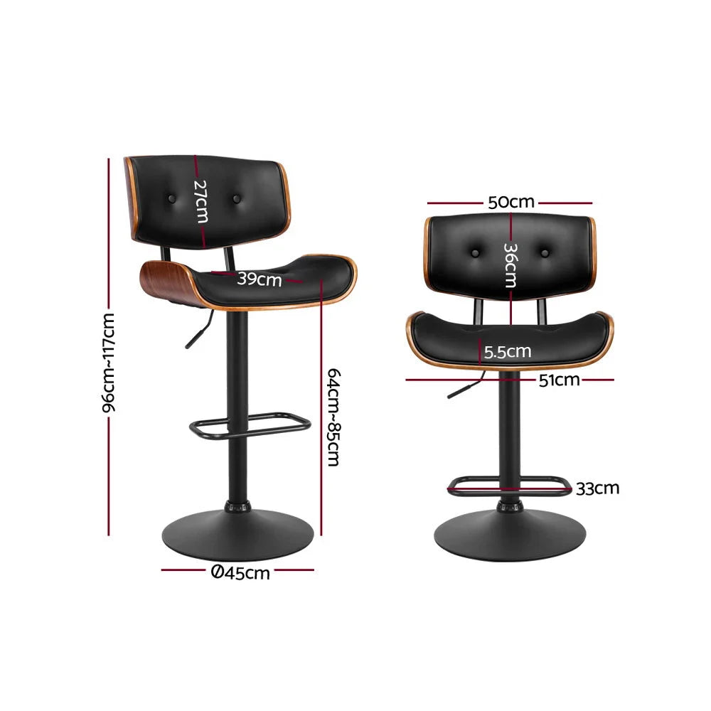Bar Stools Set of 2 Gas Lift Leather - All Black