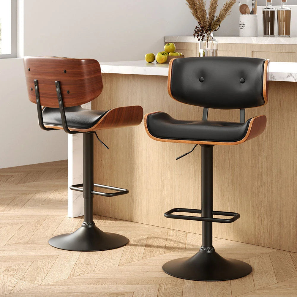 Bar Stools Set of 2 Gas Lift Leather - All Black