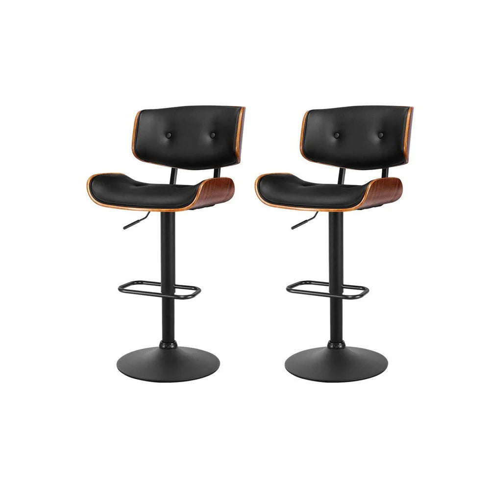 Bar Stools Set of 2 Gas Lift Leather - All Black