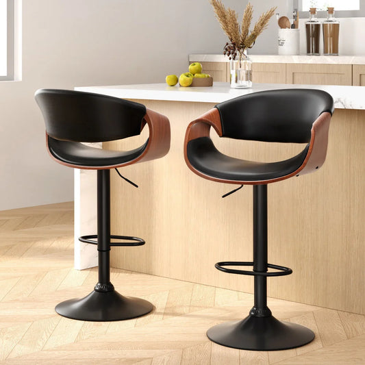 Bar Stools Set of 2 Gas Lift Leather with Armrest
