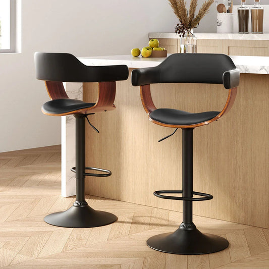 Bar Stools Set of 2 Gas Lift Leather with Armrest - All