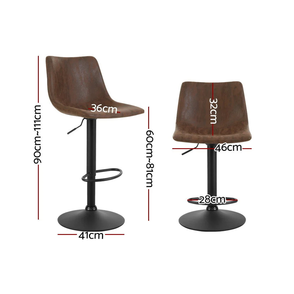 Bar Stools Set of 2 Gas Lift PU Leather- Brown - Bar Stools