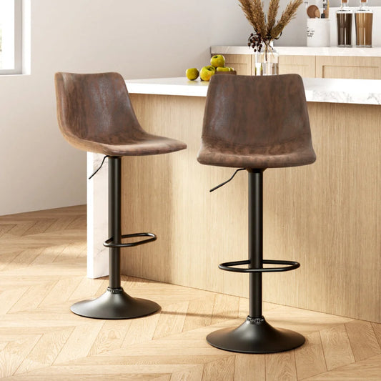 Bar Stools Set of 2 Gas Lift PU Leather- Brown - Bar Stools