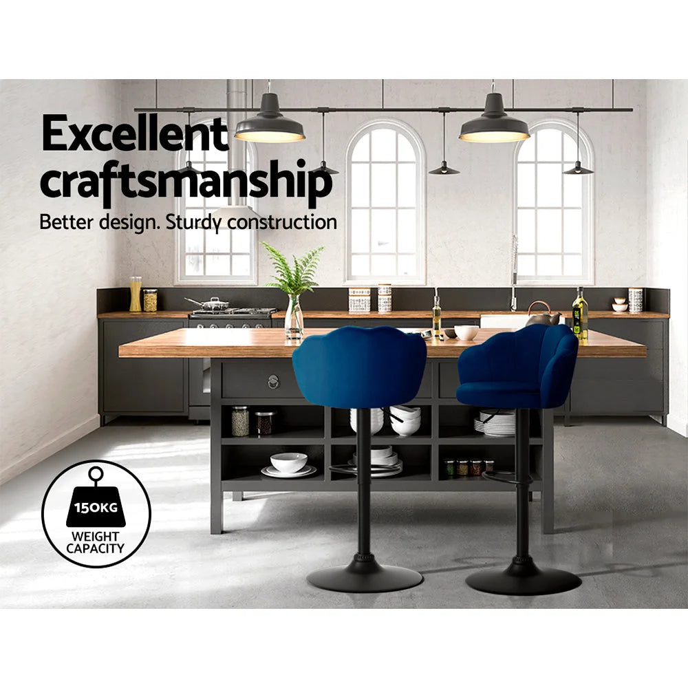 Bar Stools Set of 2 Gas Lift Velvet - Blue