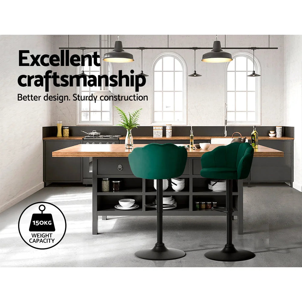 Bar Stools Set of 2 Gas Lift Velvet - Green