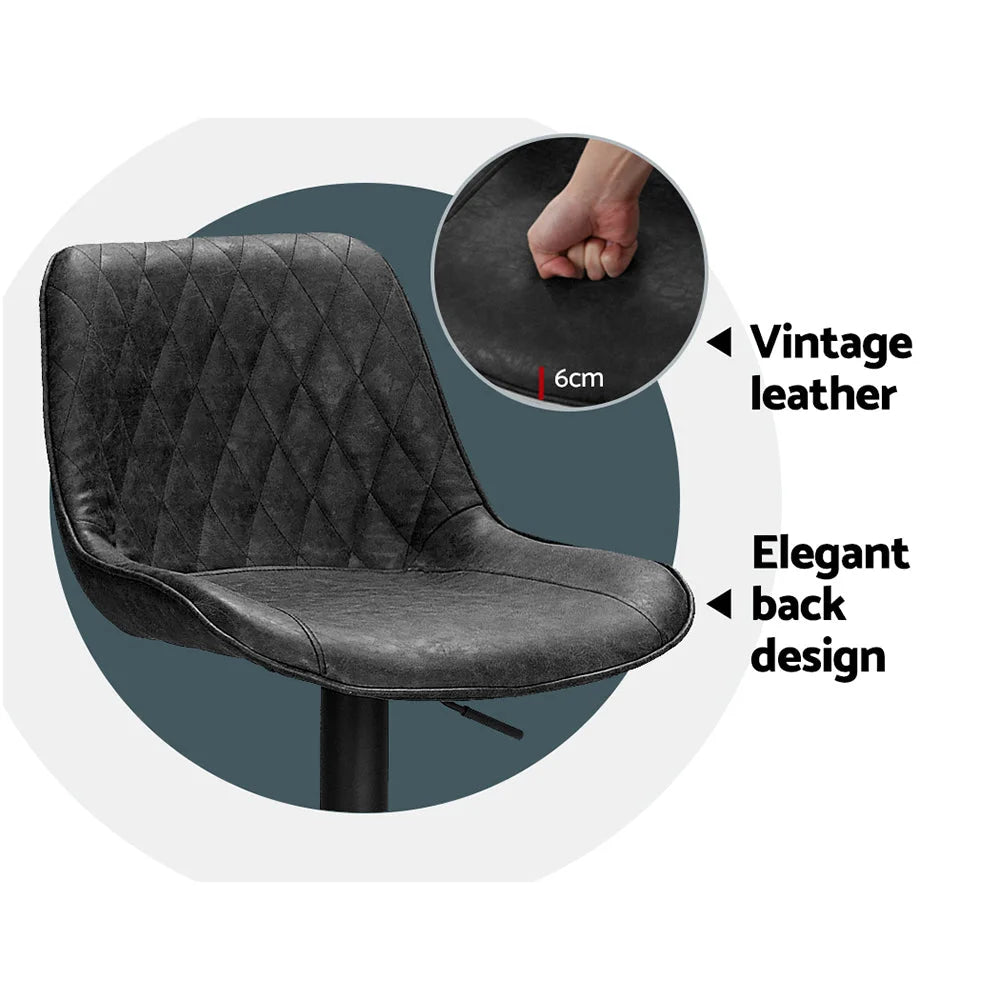 Bar Stools Set of 2 Gas Lift Vintage Leather - Black