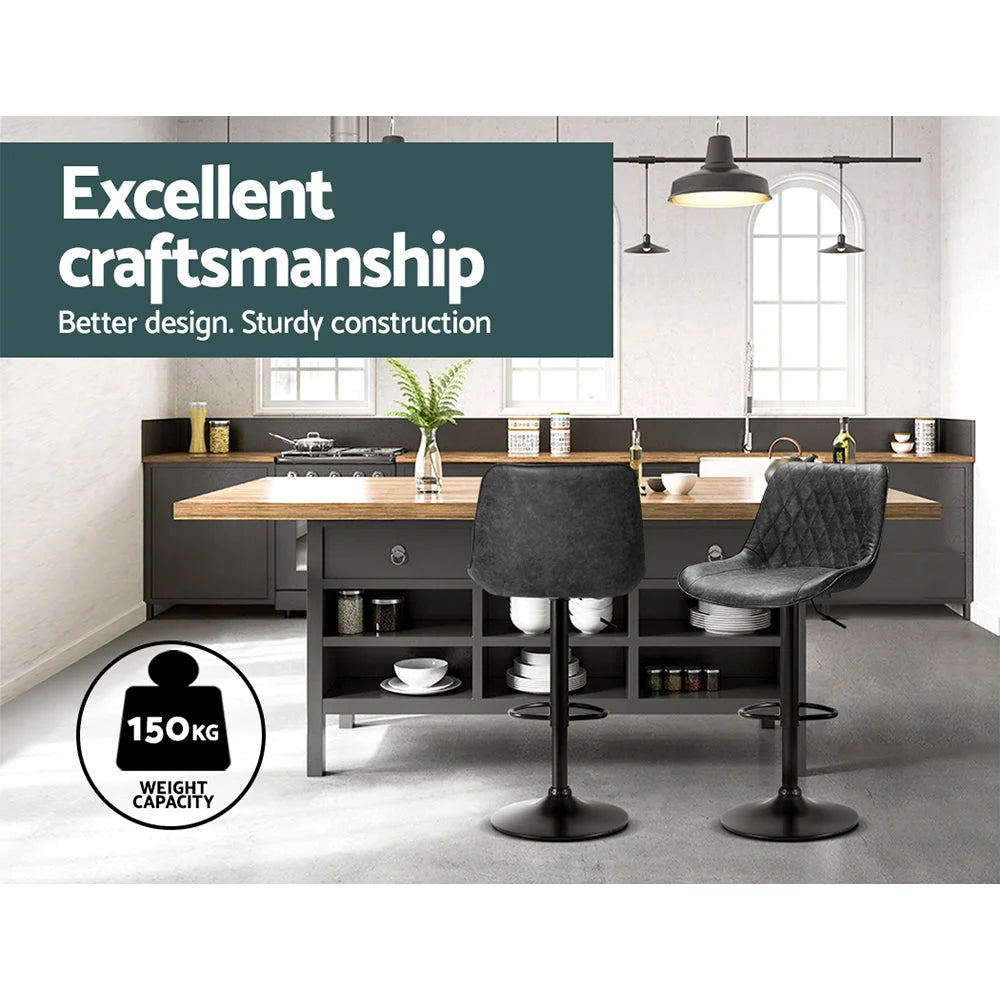 Bar Stools Set of 2 Gas Lift Vintage Leather - Black