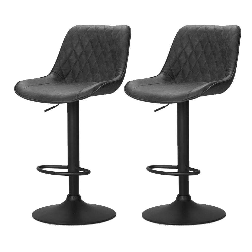 Bar Stools Set of 2 Gas Lift Vintage Leather - Black