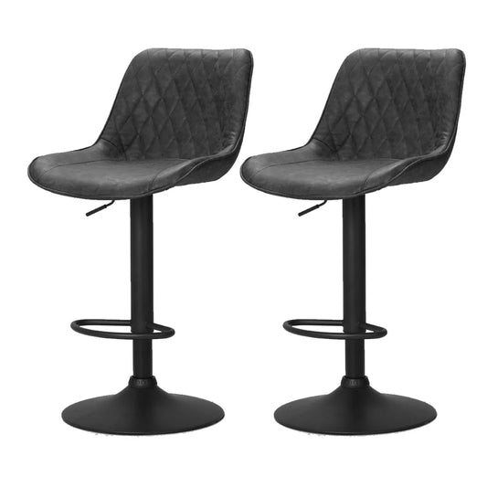 Bar Stools Set of 2 Gas Lift Vintage Leather - Black