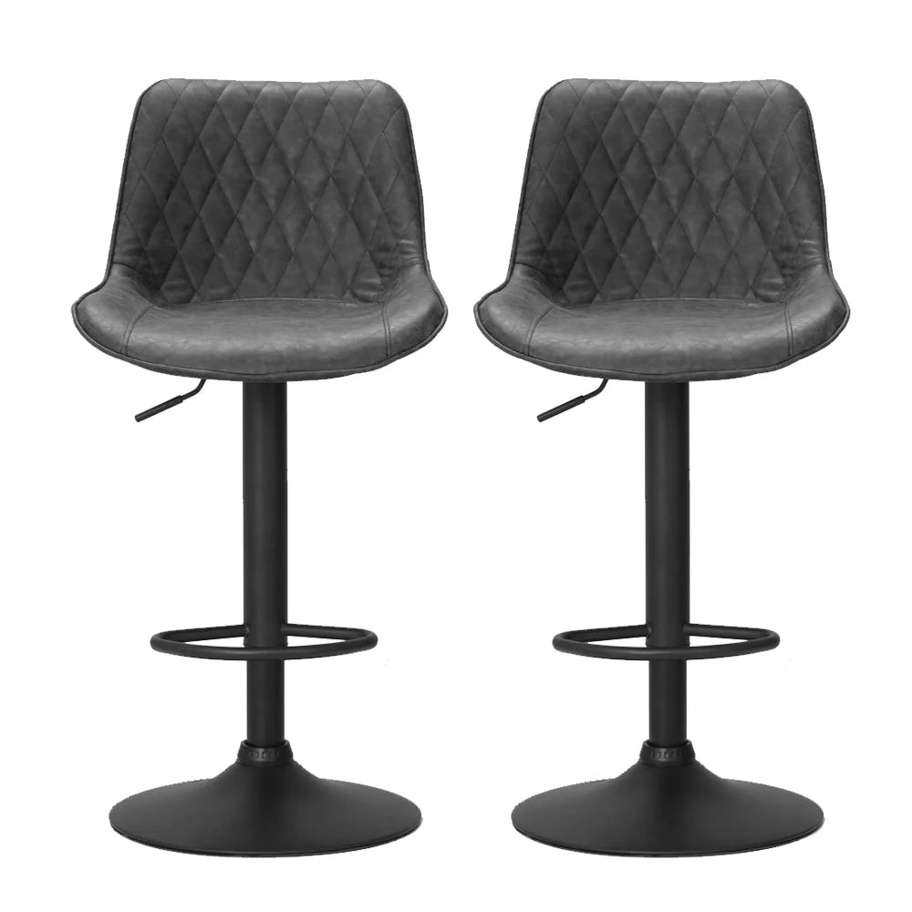 Bar Stools Set of 2 Gas Lift Vintage Leather - Black