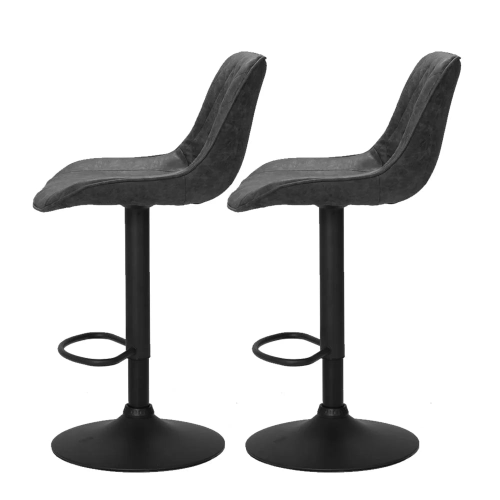 Bar Stools Set of 2 Gas Lift Vintage Leather - Black
