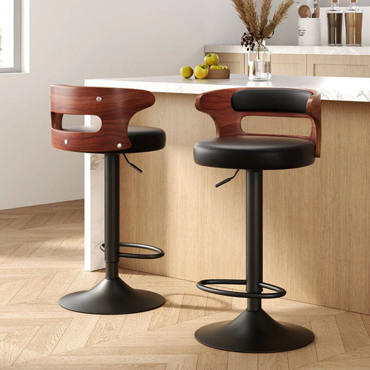 Bar Stools Set of 2 Kitchen Wooden Gas Lift Leather Metal
