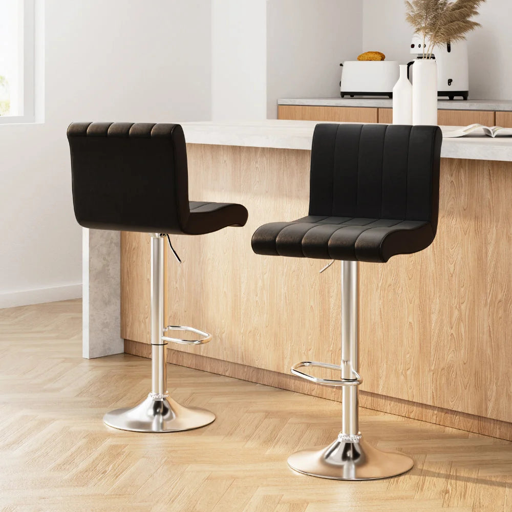 Bar Stools Set of 2 Line Style PU Leather - Black - Bar