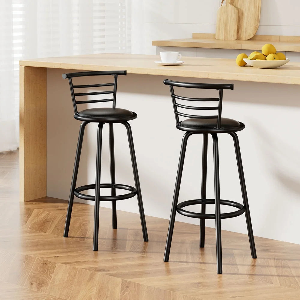 Bar Stools Set of 2 PU Leather - Black and Steel - Bar