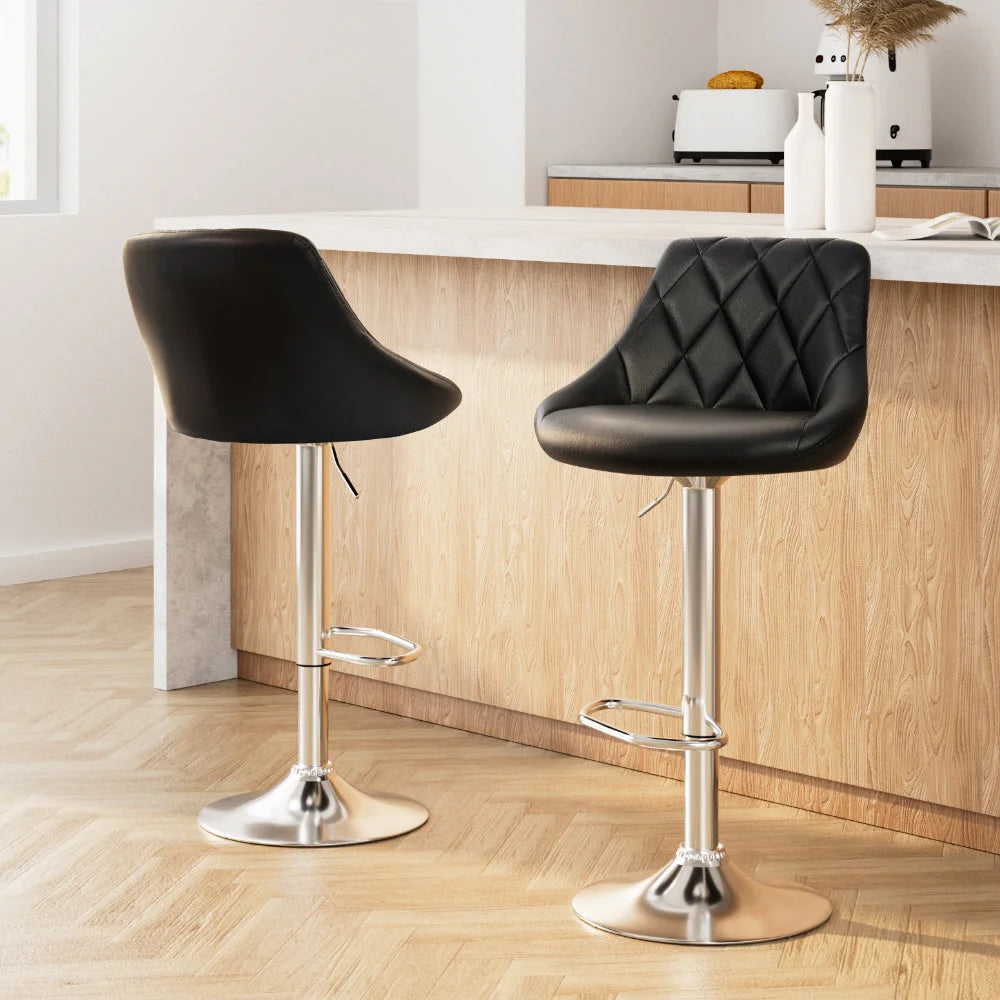 Bar Stools (Set of 2) PU Leather Diamond Style Black - Bar