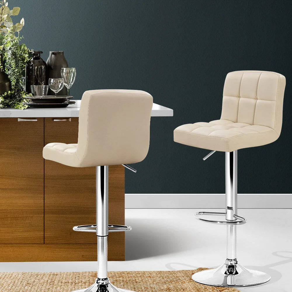 Bar Stools Set of 2 PU Leather Gas Lift - Beige - Bar