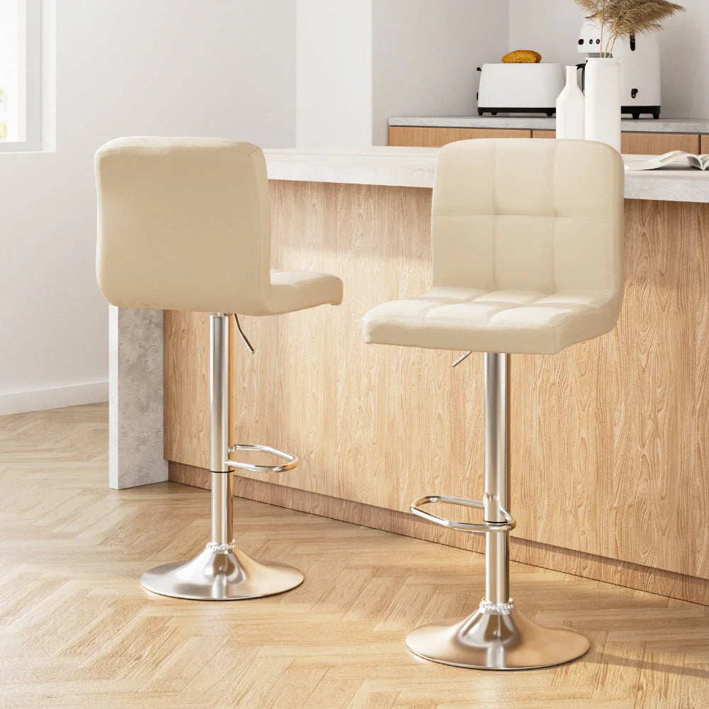 Bar Stools Set of 2 PU Leather Gas Lift - Beige - Bar