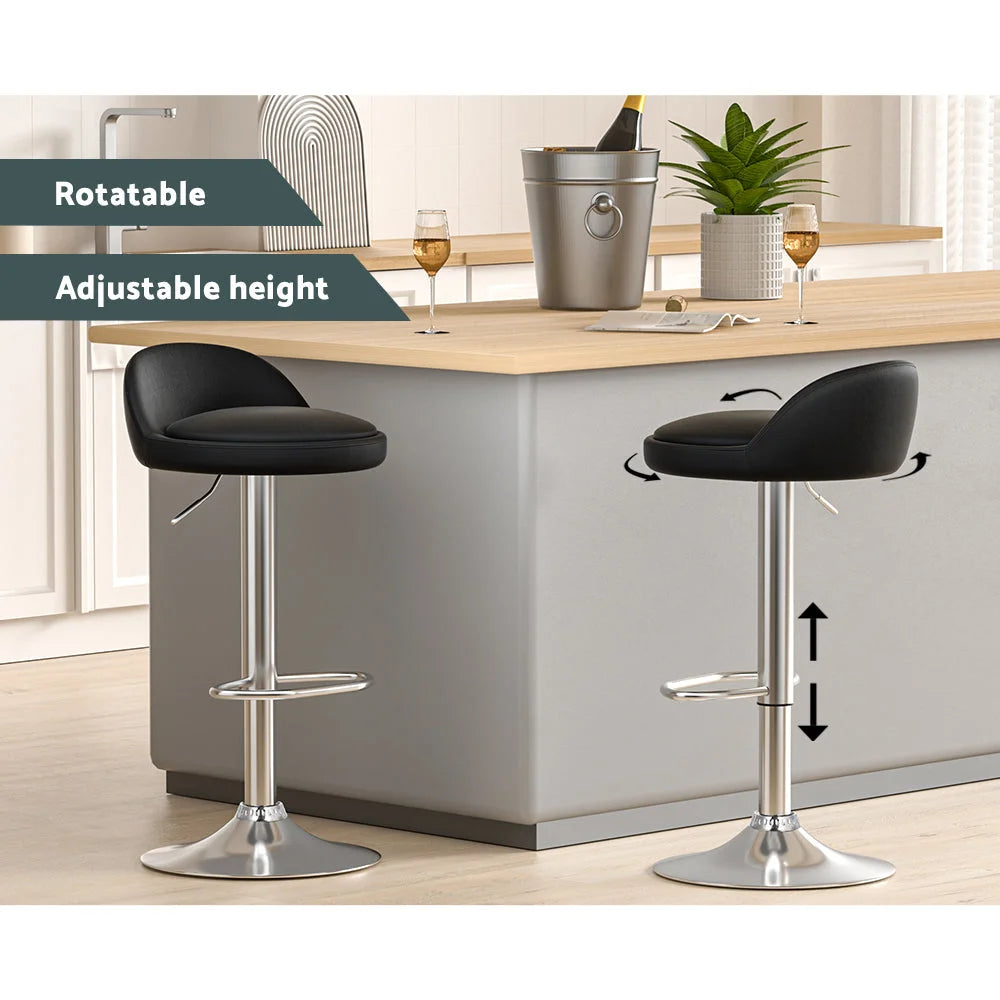 Bar Stools Set of 2 PU Leather Gas Lift - Black