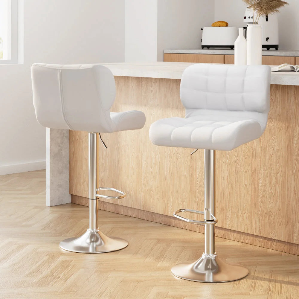 Bar Stools Set of 2 PU Leather Gas Lift - White and Chrome