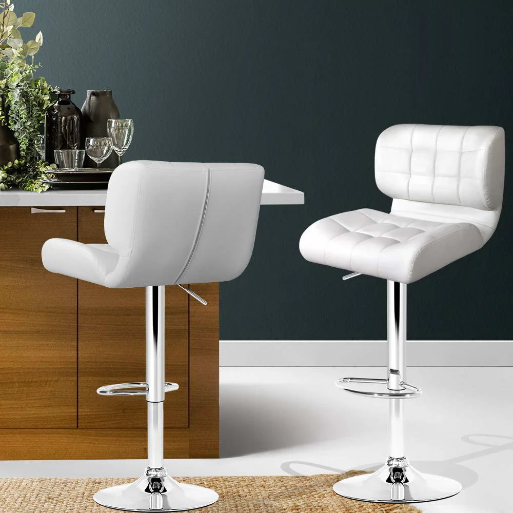 Bar Stools Set of 2 PU Leather Gas Lift - White and Chrome