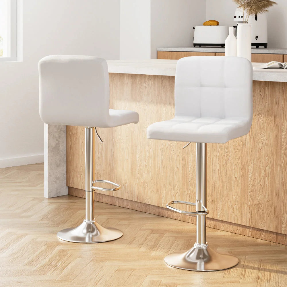 Bar Stools Set of 2 PU Leather Gas Lift - White - Bar