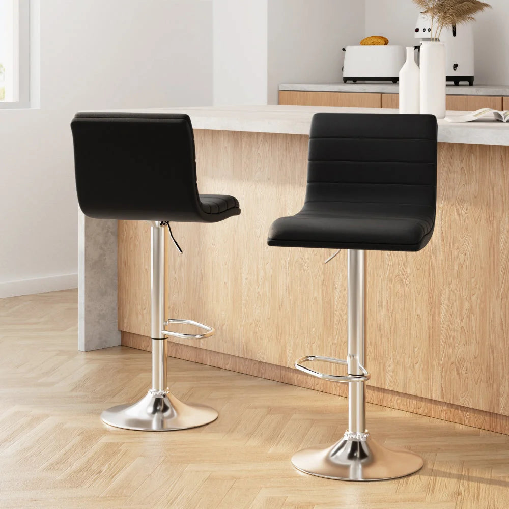 Bar Stools Set of 2 PU Leather Padded Line Style - Black