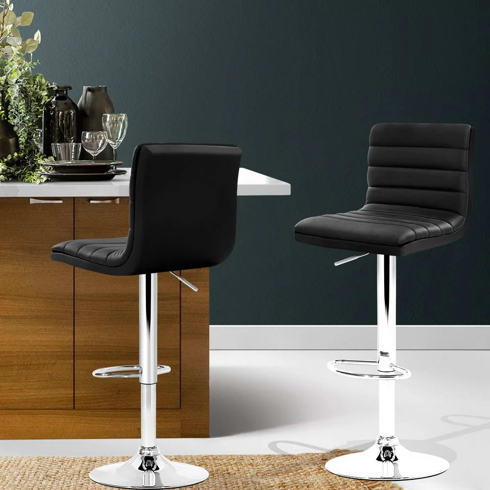 Bar Stools Set of 2 PU Leather Padded Line Style - Black