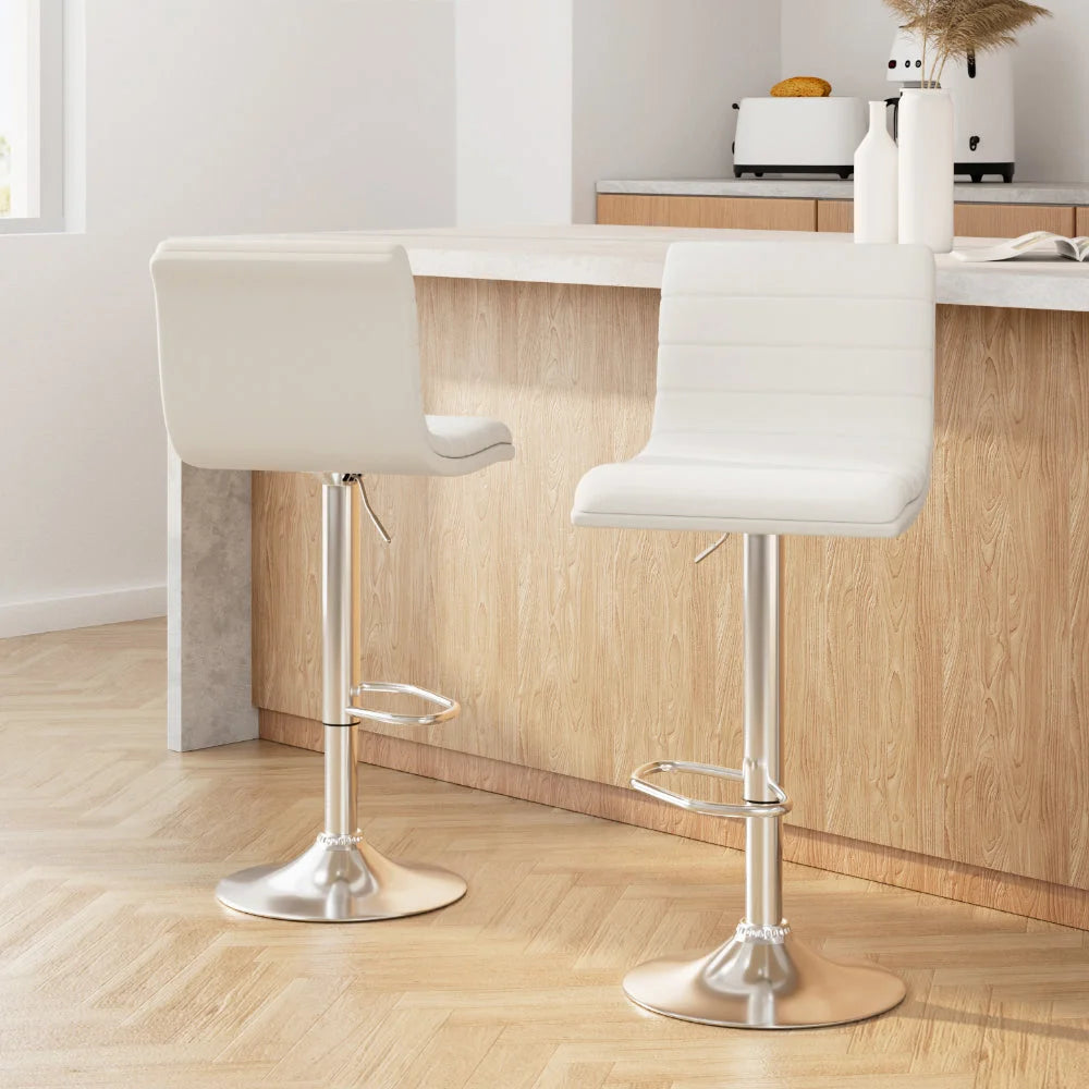 Bar Stools Set of 2 PU Leather Padded Line Style - White