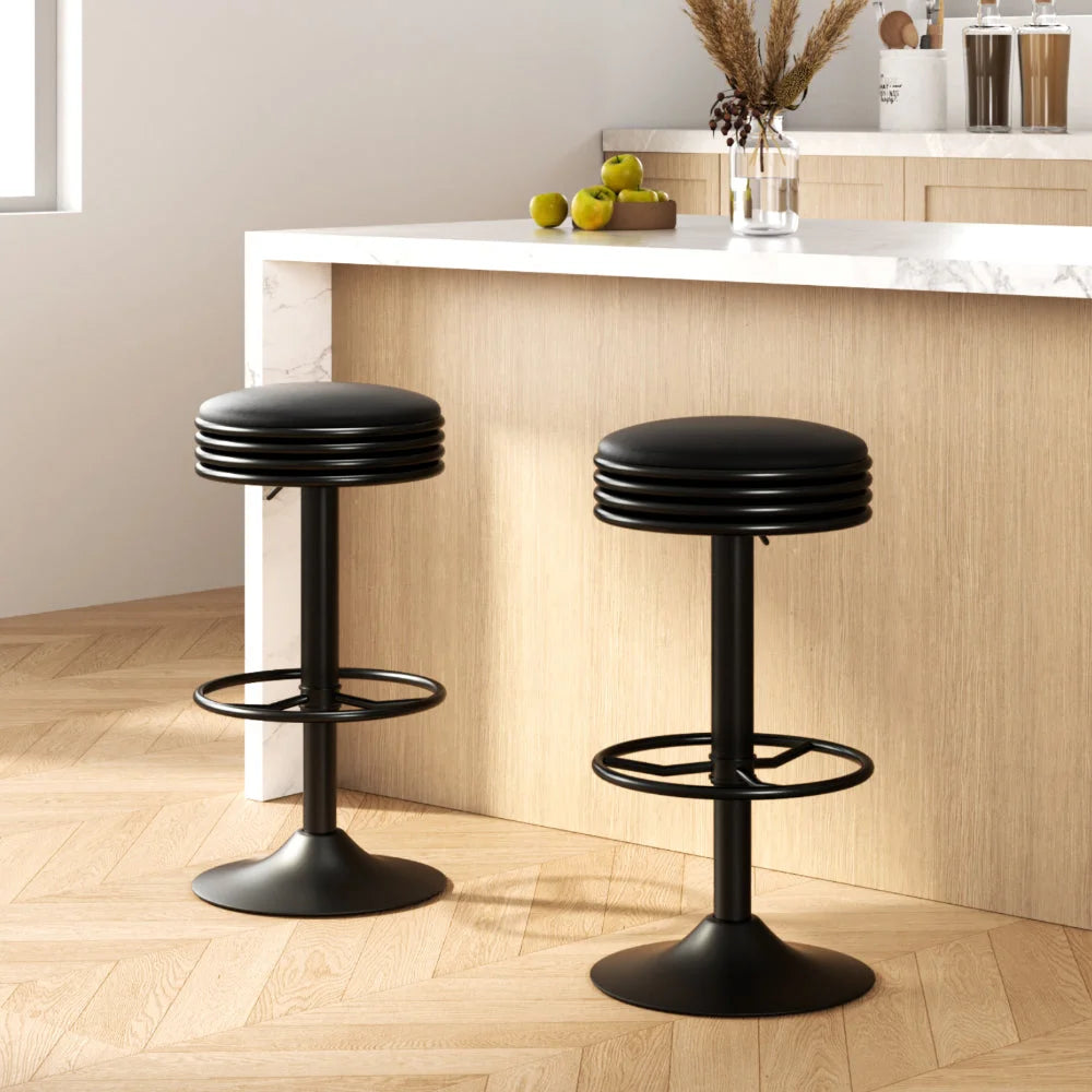 Bar Stools Set of 2 PU Leather Swivel Backless - Black