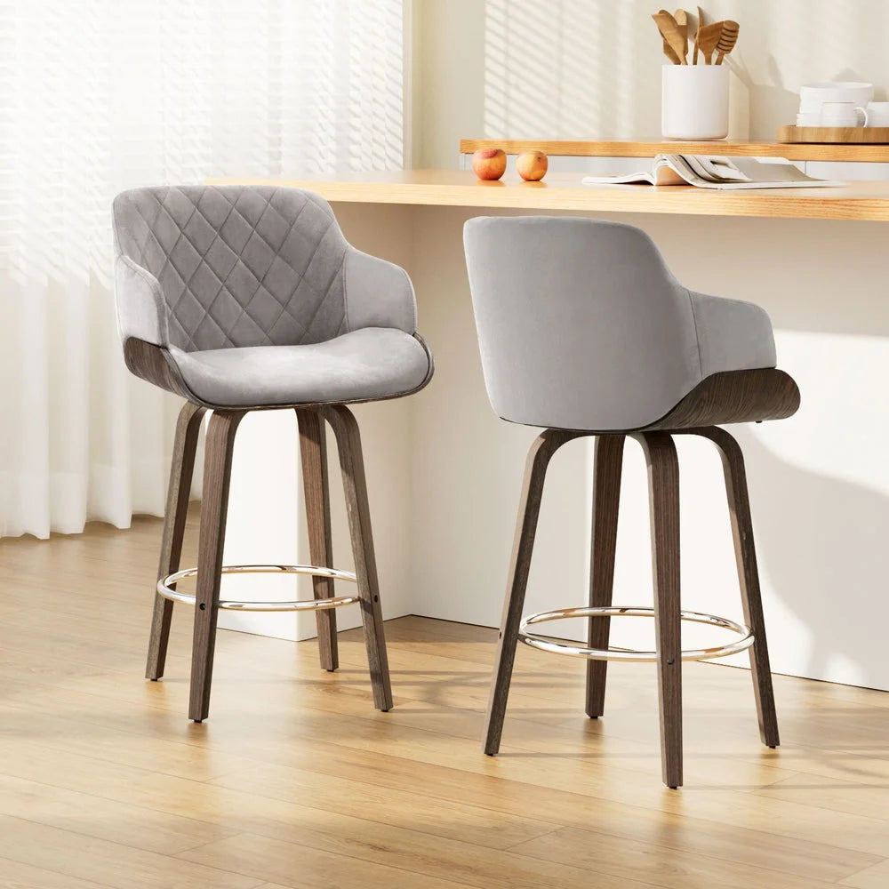 Bar Stools Set of 2 Swivel Velvet Padded Wooden
