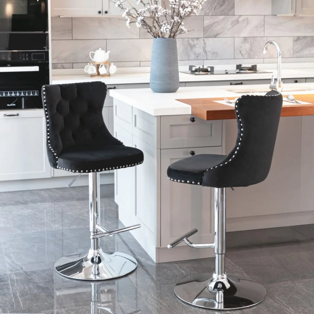 Bar Stools Set of 2 Velvet Stud Adjustable Swivel