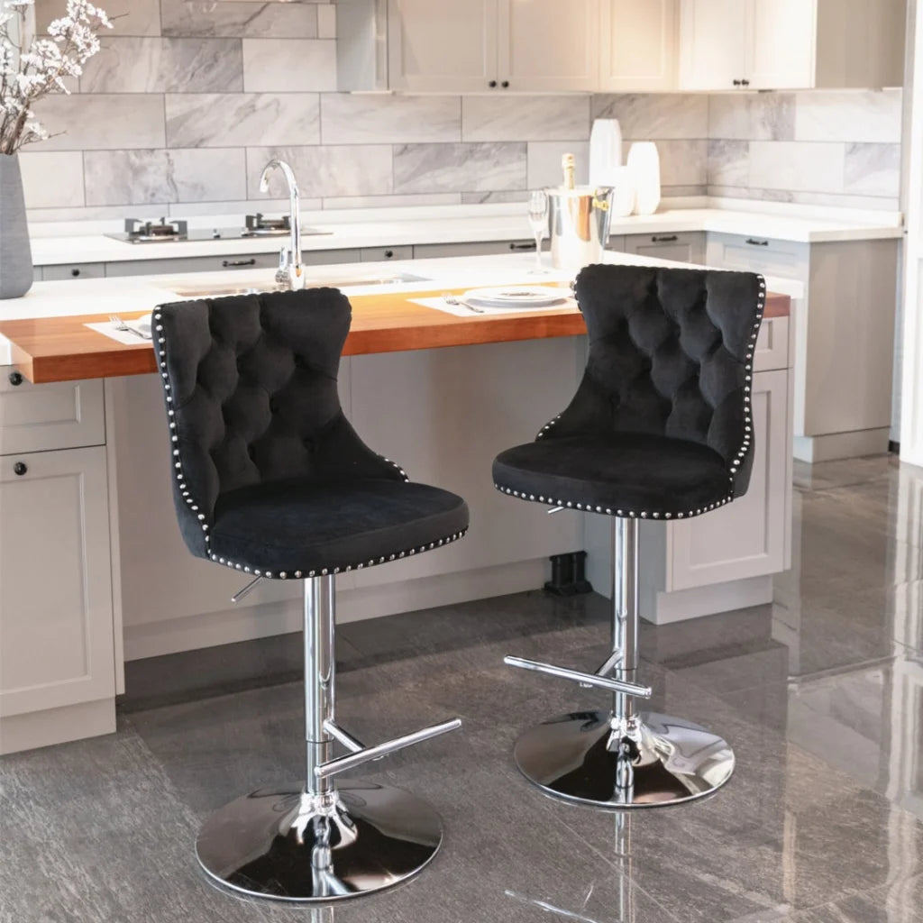 Bar Stools Set of 2 Velvet Stud Adjustable Swivel