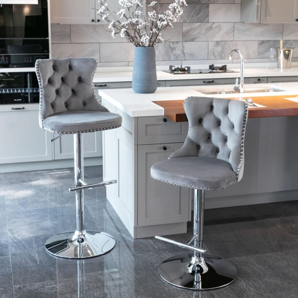 Bar Stools Set of 2 Velvet Stud Adjustable Swivel