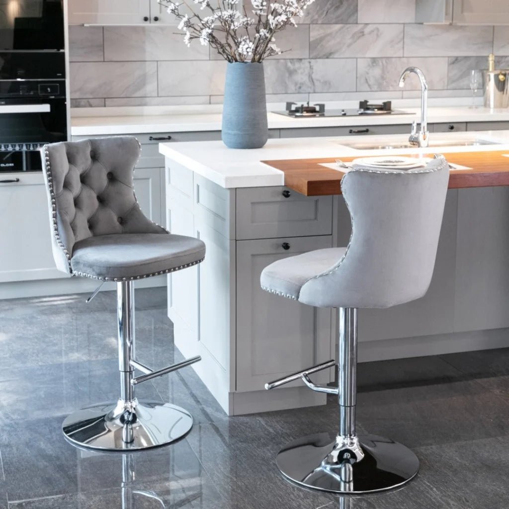 Bar Stools Set of 2 Velvet Stud Adjustable Swivel