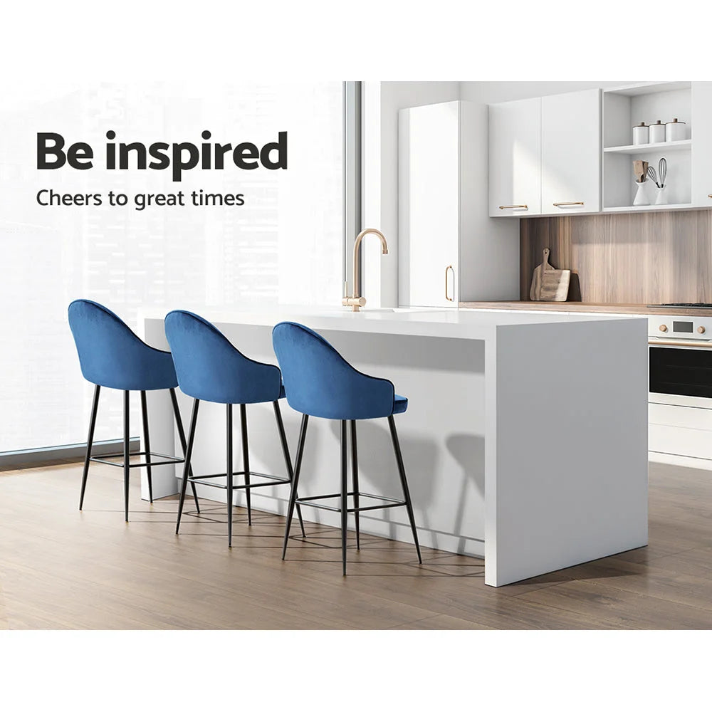 Bar Stools Set of 2 Velvet Swivel Metal Legs - Blue