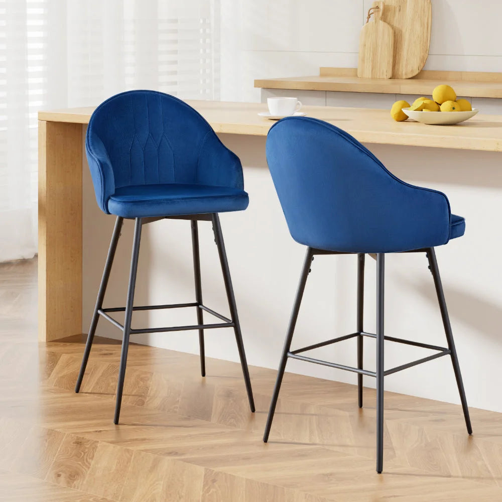 Bar Stools Set of 2 Velvet Swivel Metal Legs - Blue