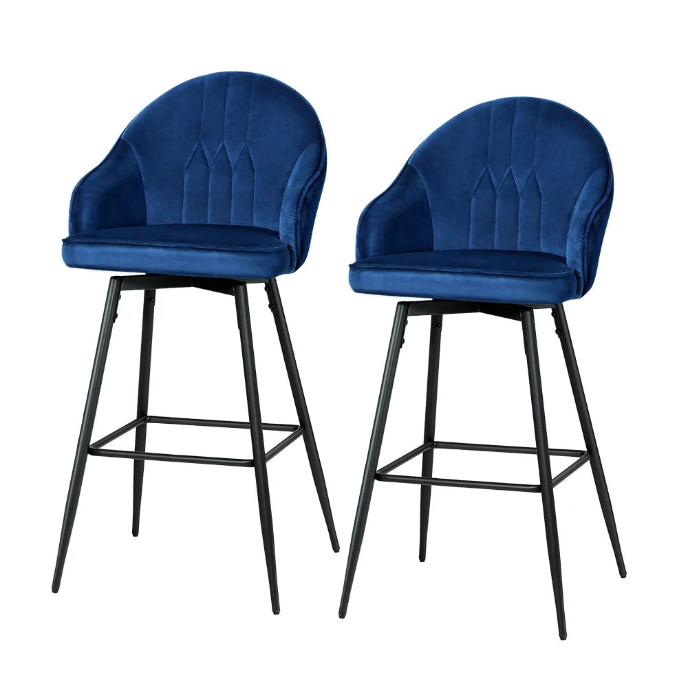 Bar Stools Set of 2 Velvet Swivel Metal Legs - Blue