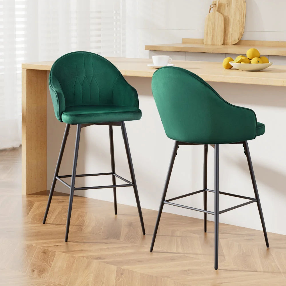Bar Stools Set of 2 Velvet Swivel Metal Legs - Green