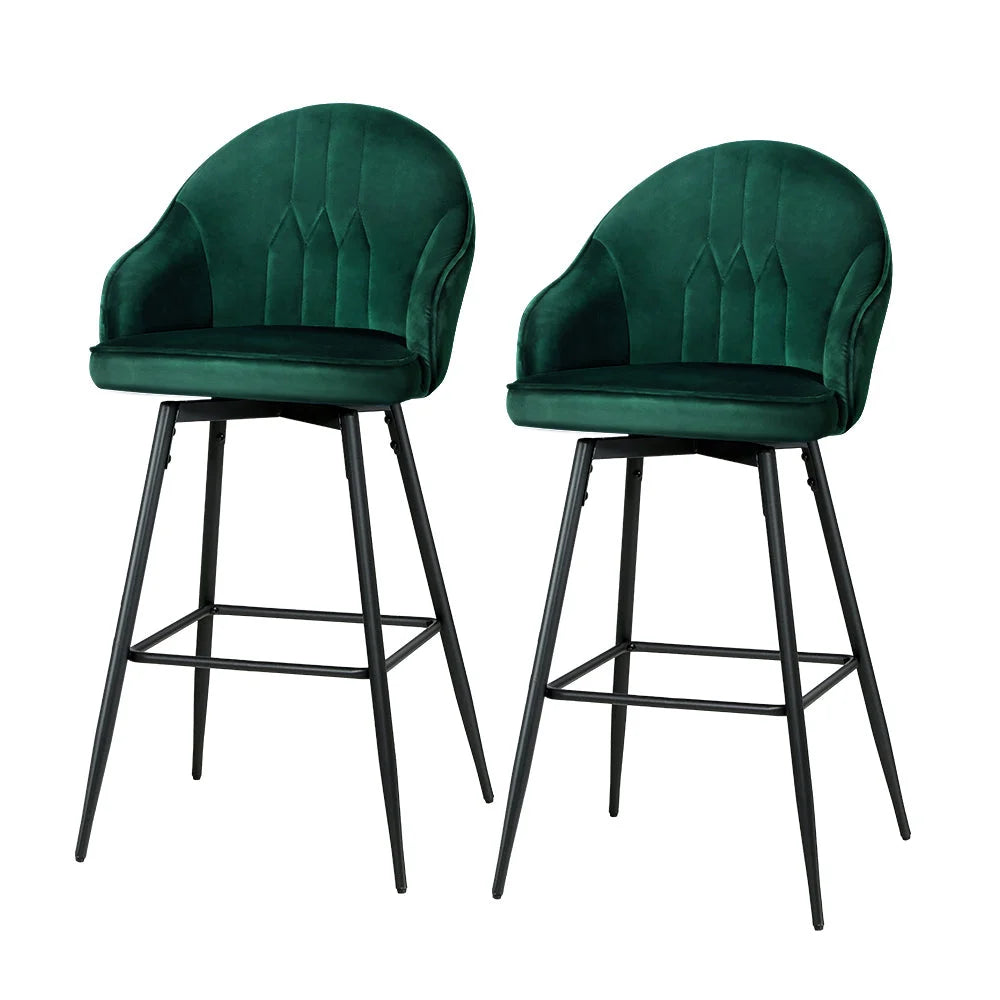 Bar Stools Set of 2 Velvet Swivel Metal Legs - Green
