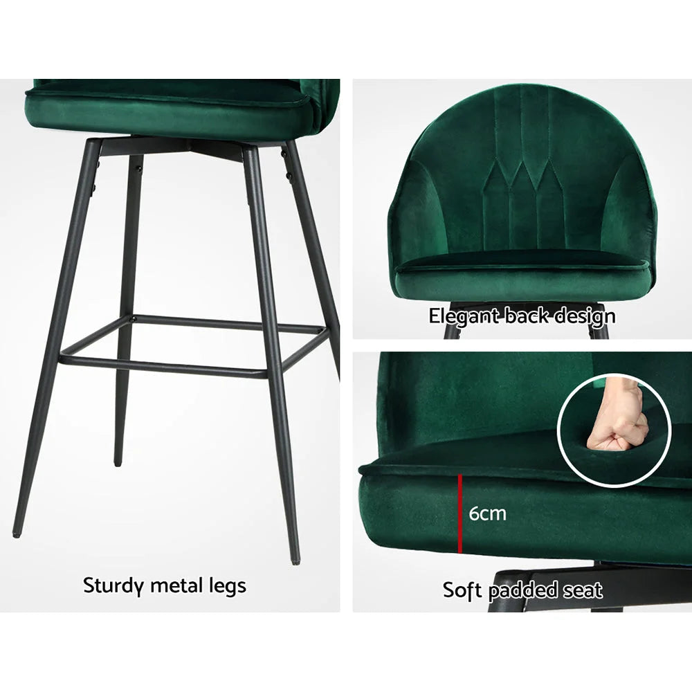 Bar Stools Set of 2 Velvet Swivel Metal Legs - Green