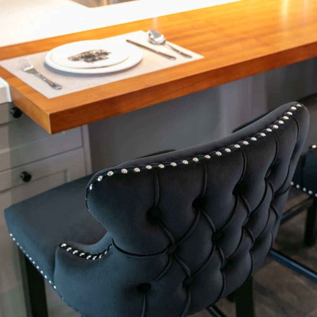 Bar Stools Set of 2 Velvet Upholstered Button Tufted