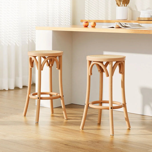 Bar Stools Set of 2 with Rattan Seat and Wooden Frame