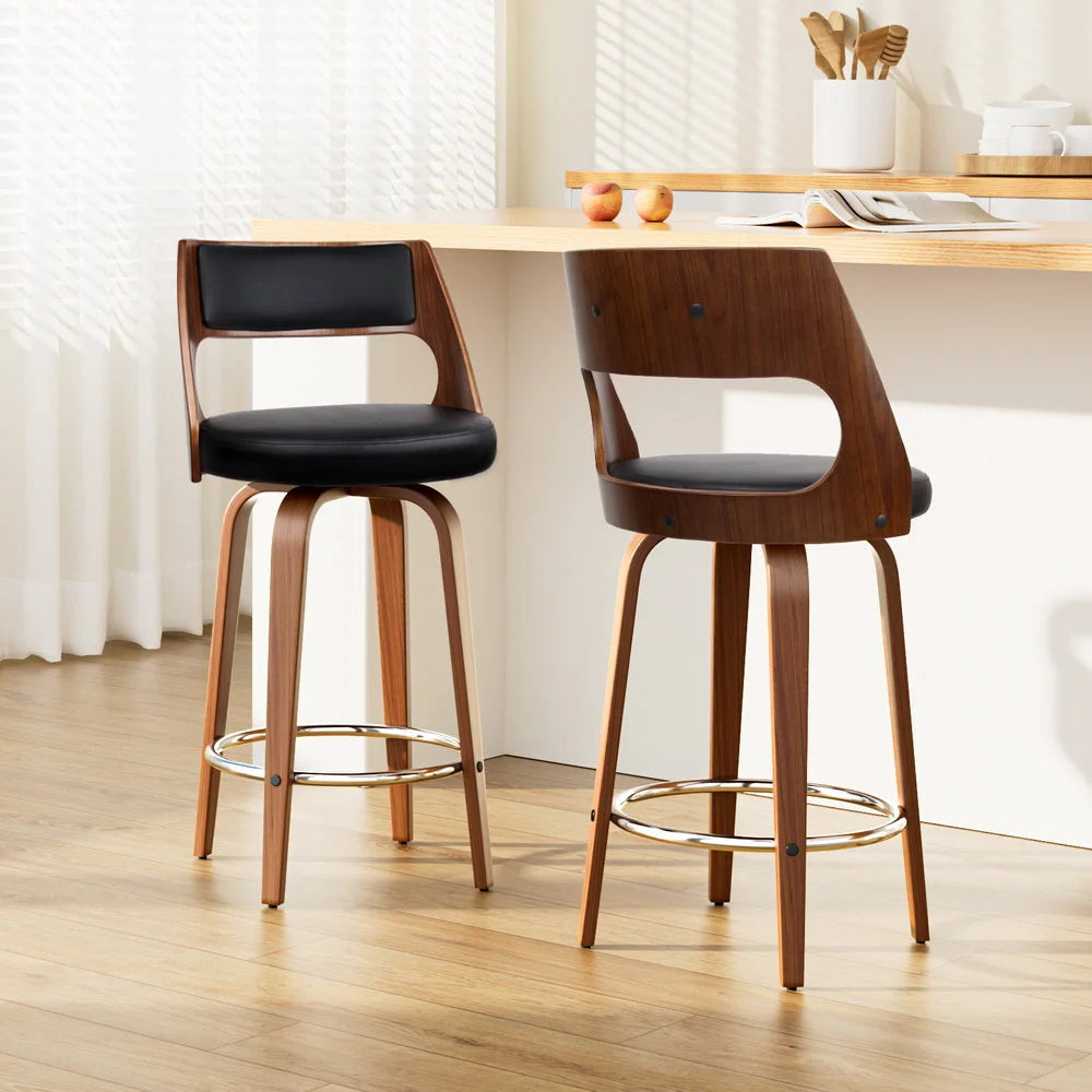 Bar Stools Set of 2 Wooden Black PU