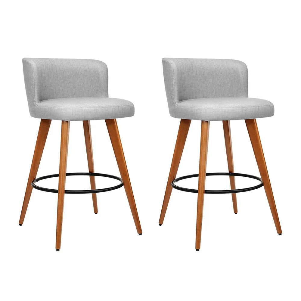 Bar Stools Set of 2 Wooden Fabric Circular Footrest - Light
