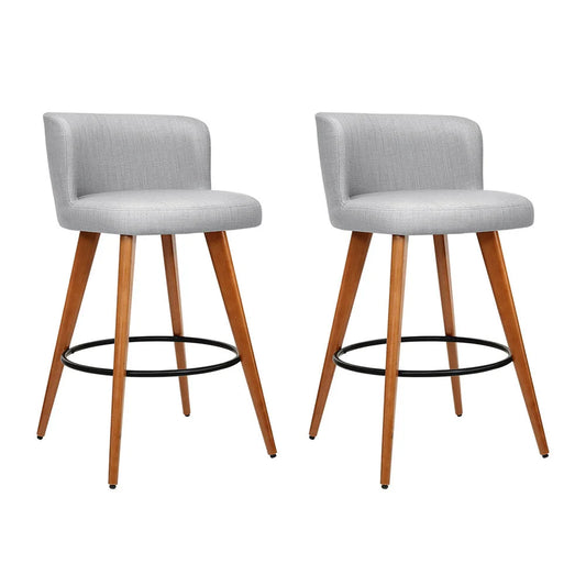 Bar Stools Set of 2 Wooden Fabric Circular Footrest - Light