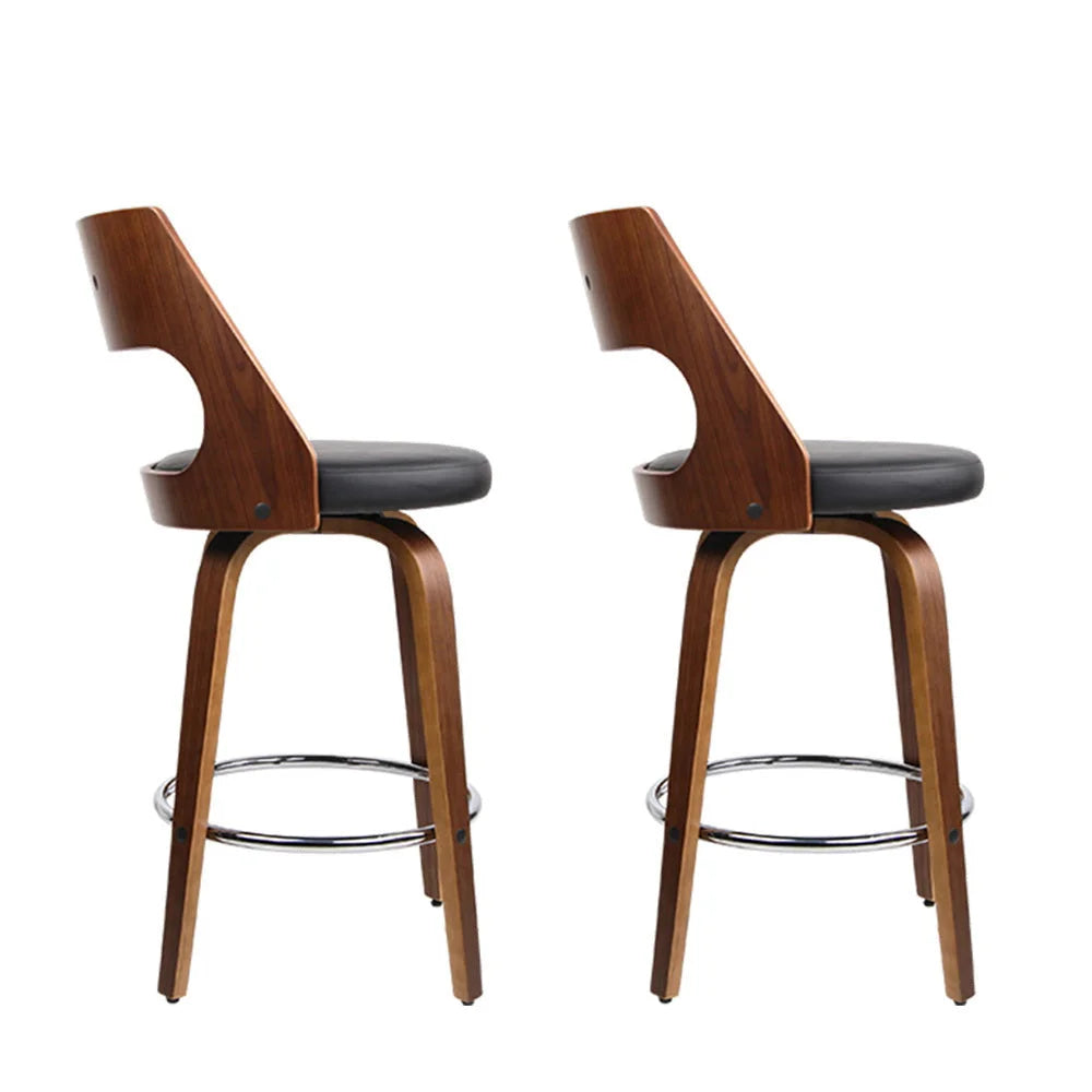Bar Stools Set of 2 Wooden PU Leather - Black and Wood